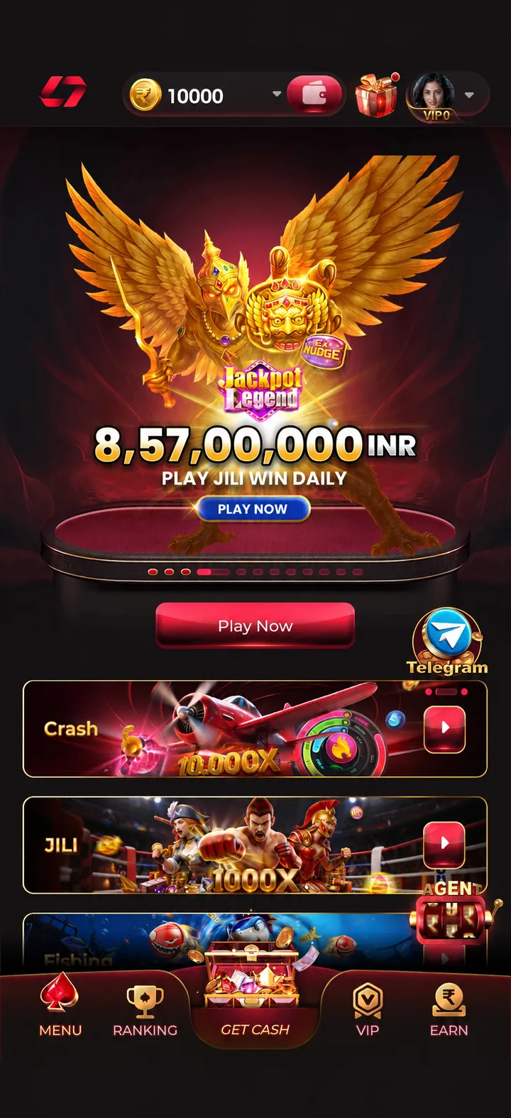 IN7 game app home screen with the Jackpot Legend banner, a live jackpot counter in INR and Crash, JILI and Fishing category rails