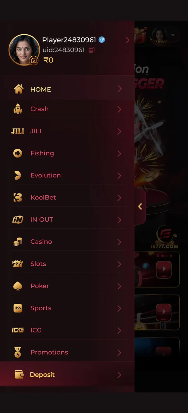 IN7 app navigation menu listing the Crash, JILI, Fishing, Evolution, KoolBet, iN OUT, Casino, Slots, Poker, Sports and ICG lobbies