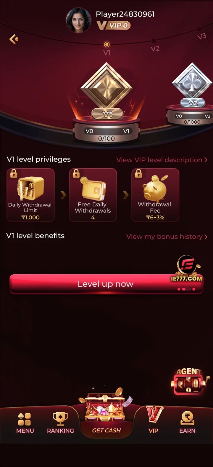 IN7 app VIP levels screen showing V1 privileges — daily withdrawal limit, free daily withdrawals and withdrawal fee