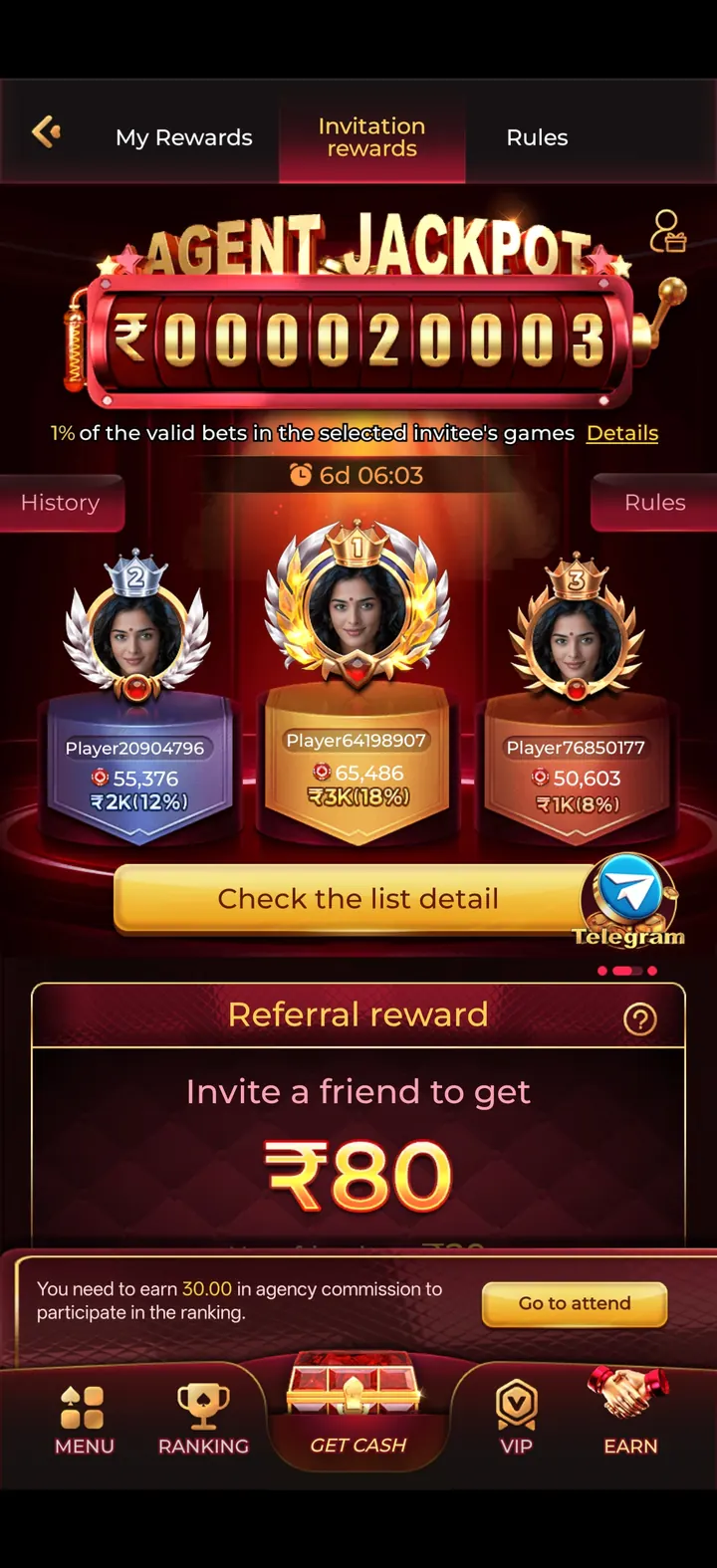 IN7 app Agent Jackpot screen with a live rupee counter, a top-three referral leaderboard and the per-invite referral reward