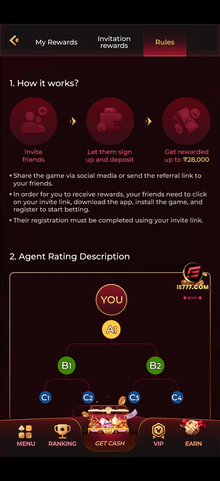 IN7 app referral rules screen explaining how invitations work and showing the multi-level agent rating tree